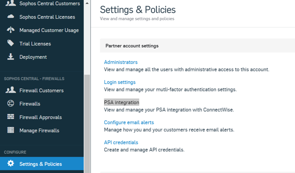 PSA Integration - Settings & Policies